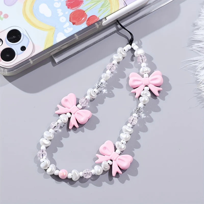 Korean Kawaii Pink Bowknot Beaded Phone Chain Fashion Delicate Keychain For Women Girls Sweet Bag Decoration Accessories Gifts