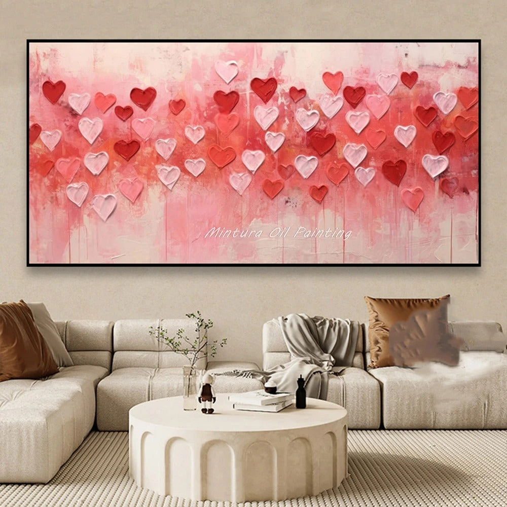 Mintura,100% Handmade Knife Graffiti Pink Red Heart Oil Painting on Canvas,Modern Abstract Wall Art Picture,Room Home Decoration
