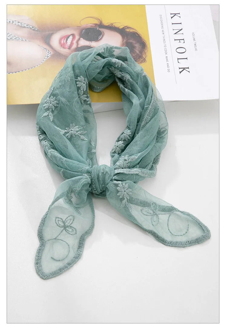 Korean Lace Embroidered Long Silk Scarf Sunscreen Neck Protection Pastoral Lady Beautiful Triangular Embroidered Spring Summer