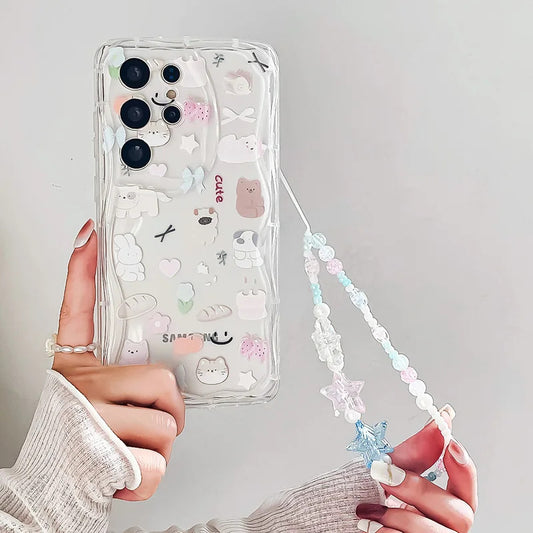 Wrst Chain Phone Case For Samsung S24 S23 S22 S21 S20 FE Plus Ultra A10S 20S 11 02 03 04 05S Cute Cat Lanyard Soft TPU Cover