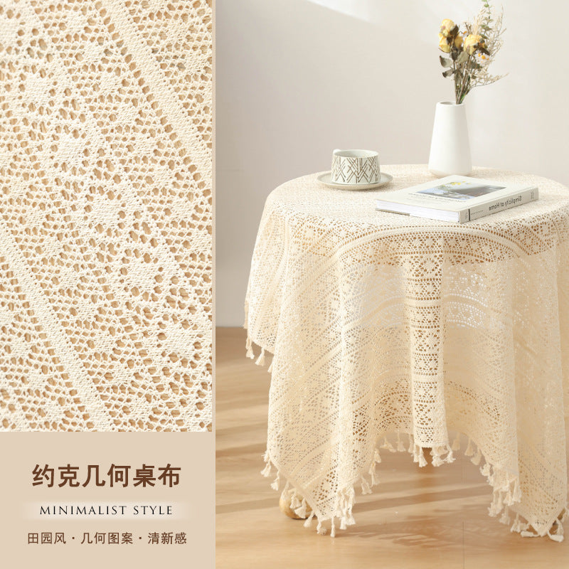 American Pastoral Cotton Woven Tablecloth Lace Hollow Crochet Tassel Dining Tablecloth French Cover Cloth Vintage Ins Tablecloth