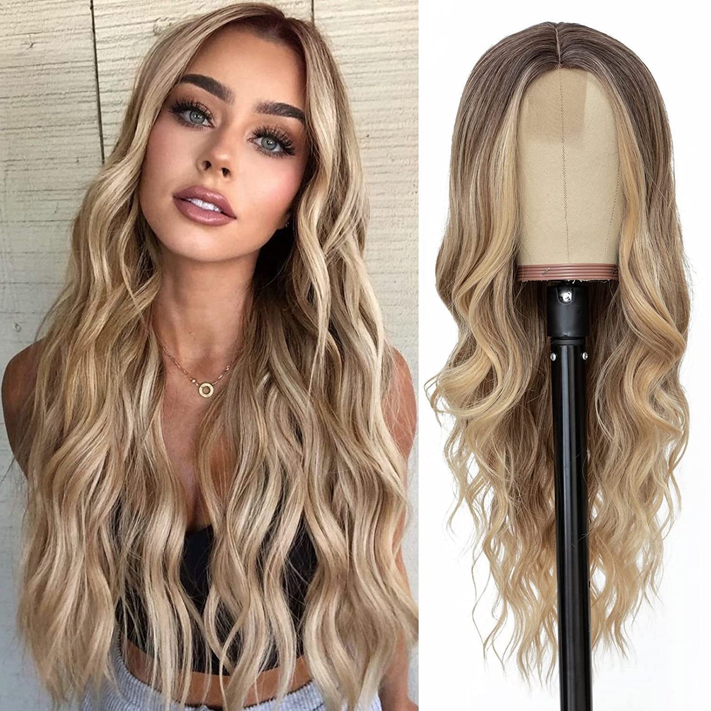 Xuchang European and American Style Wig for Women, Front Lace Wig, Middle Part, Small Lace, Highlighted Long Curly Hair, Synthetic Fiber Wig, Export Wigs