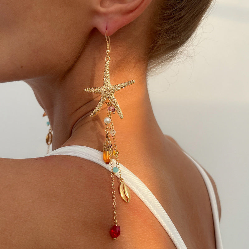 Vacation Beach Starfish Jellyfish Alloy Earrings Fashion High Sense Crystal Tassel Earrings