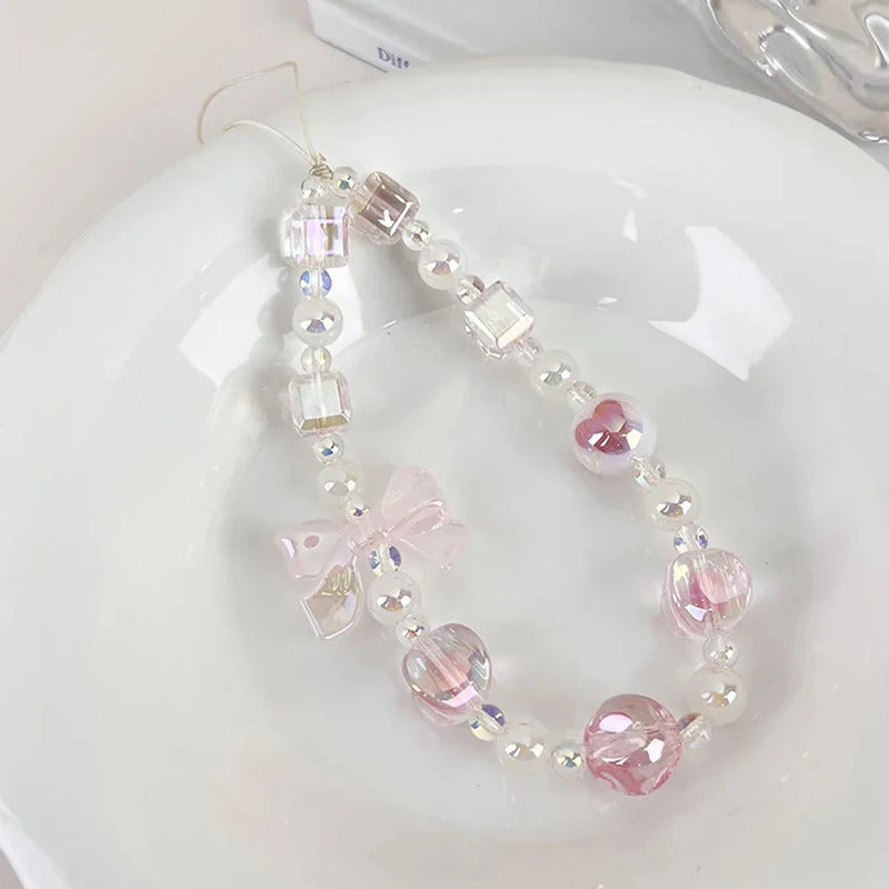 Sweet Candy Color Mobile Phone Chain Cute Bow Beaded Cellphone Pendant Charms Women Cell Phone Case Anti-loss Lanyard Jewelry