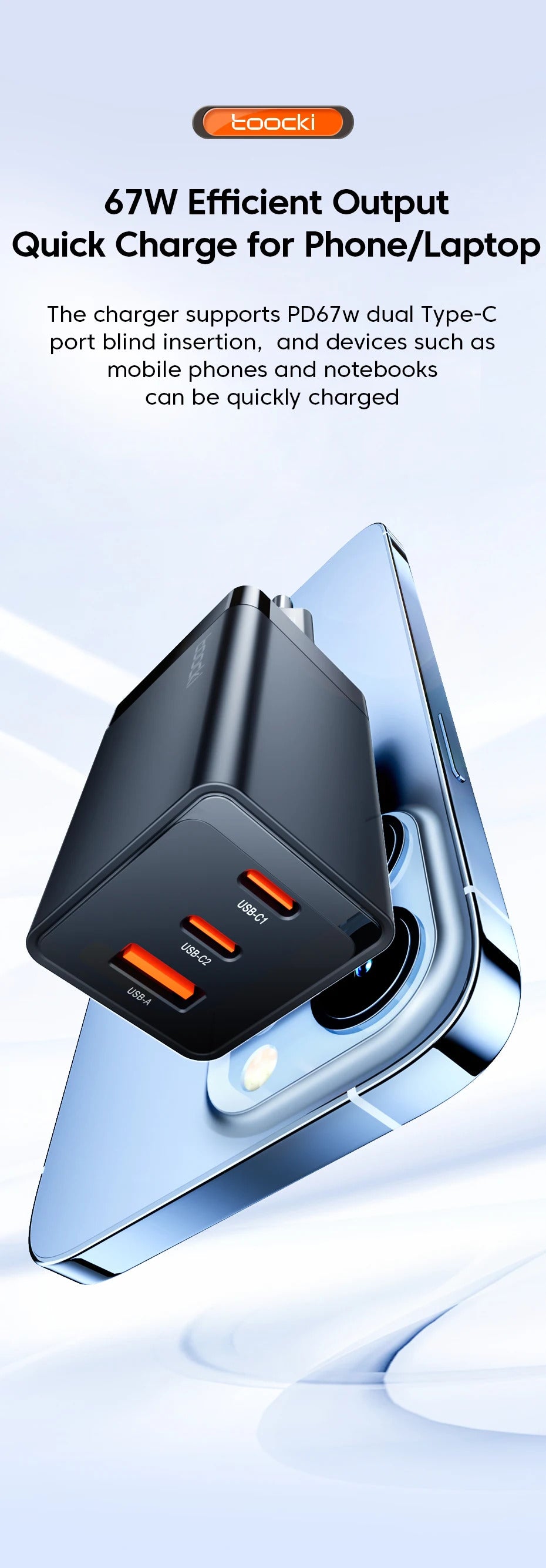 Toocki 67W GaN USB C Charger QC4.0 65W PD 3.0 Type C Fast Charger Quick For iPhone 16 15 14 13 Pro Samsung Xiaomi Huawei MacBook