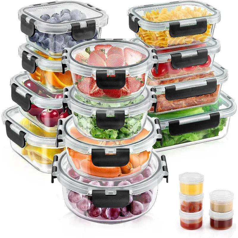 34pcs Glass Food Storage Containers with Lids Set, Airtight Glass Meal Prep Containers (17 Containers & 17 Lids), Leak Proof