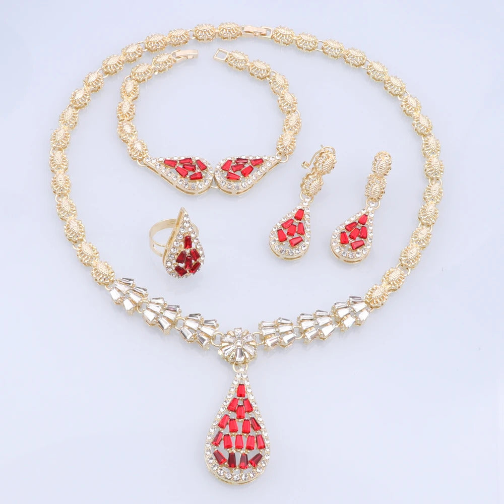 Dubai Gold Color Jewelry Sets Water Drop Pendant Necklace Earrings Ring Bracelet Classic Design 4Pcs Set Party Jewelry