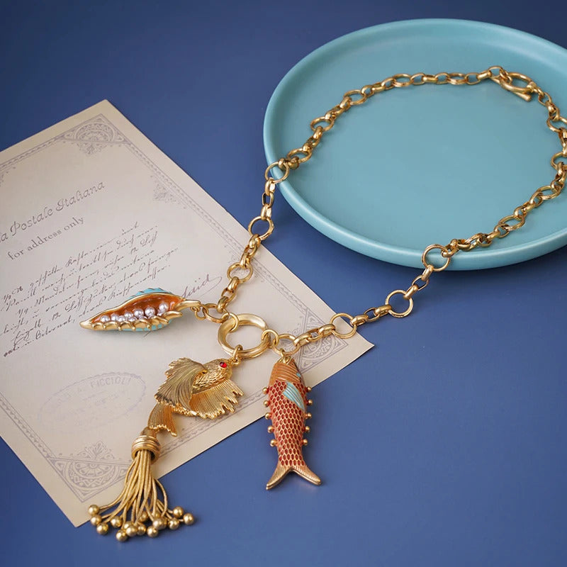 Cute Sea whale Necklace Pendant Chain Fish Fashion Jewelry Chic Mermaid Tassel Conch Dangle Choker Ocean Beauty Accessory