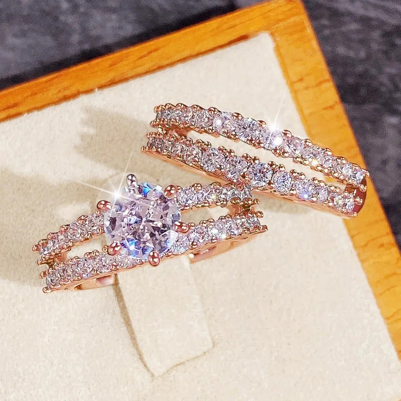 Huitan Trendy Hollow Set Rings Full Bling Iced Out CZ Stone Luxury Women Wedding Engagement Rings 2Pcs Set Jewelry Drop Shipping