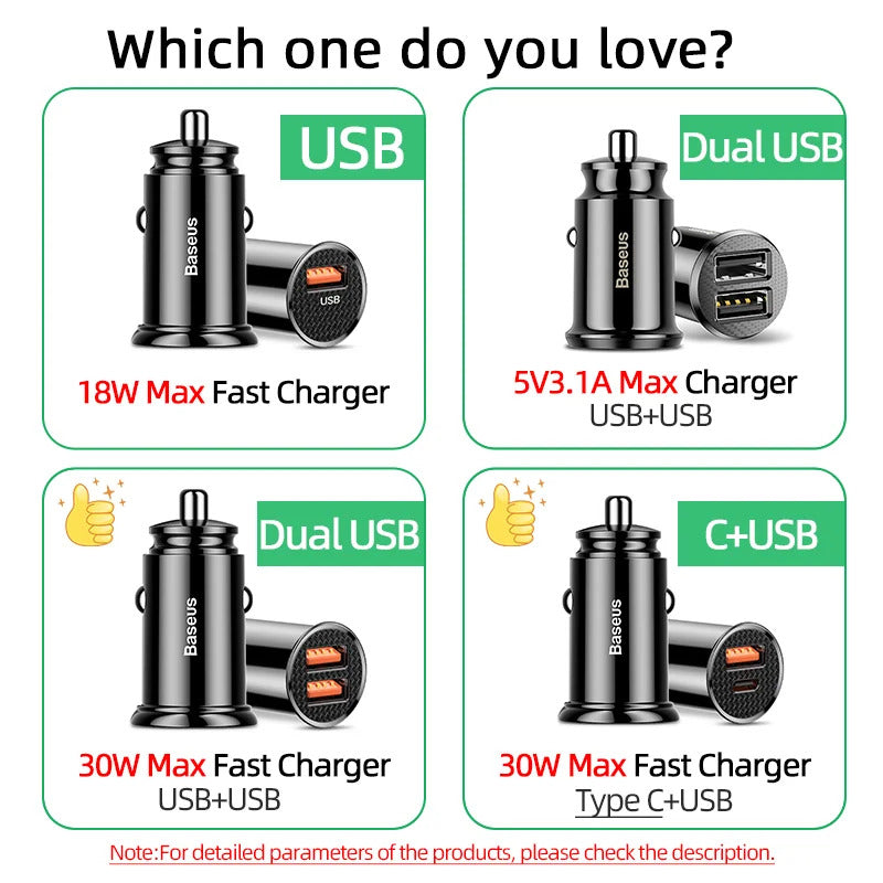 Baseus 5pcs USB Car Charger Quick Charge QC4.0 QC3.0 PD3.0 SCP PPS 5A Type C 30W Fast USB Charger For iPhone Xiaomi Mobile Phone
