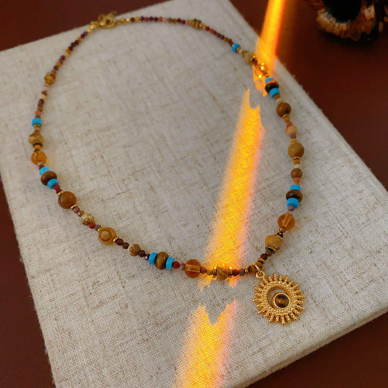 Titanium Steel Natural Stone Rice Bead Sun Necklace Retro Ethnic Style Niche Clavicle Chain Light Luxury High-end Fashion Jewelry