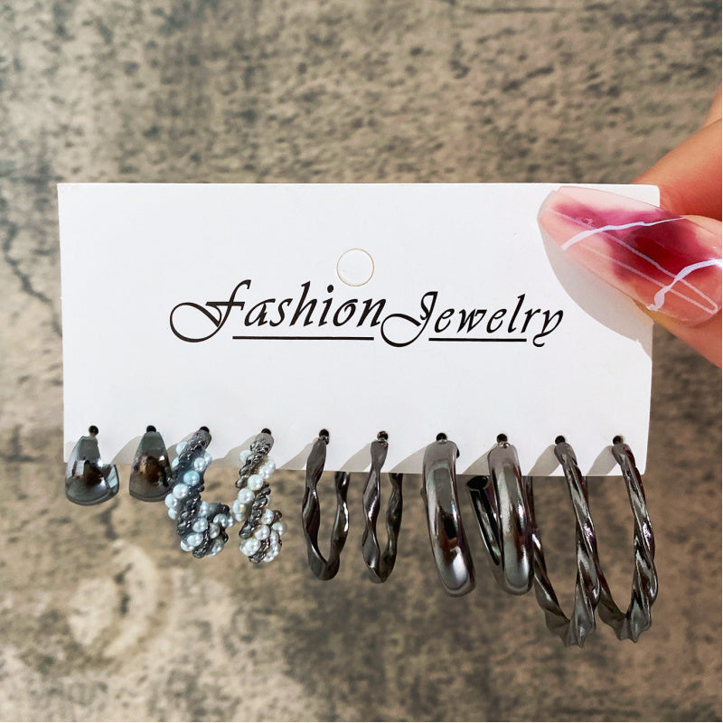 Metal Earrings Square Geometric Earrings Vintage Imitation Pearl Earrings Hepburn Earrings suit 6-piece Set