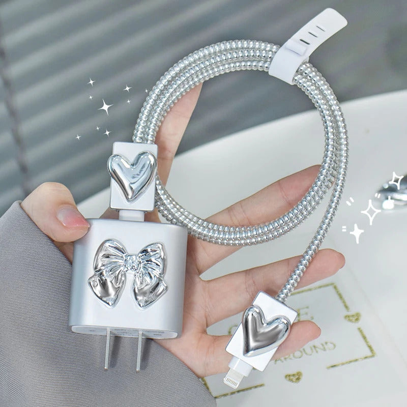 3D Pink Bow Cable Charger Protector Cover For IPhone IPad 18W 20W Original Charger 2024 New Data Line Spiral Winder Protective