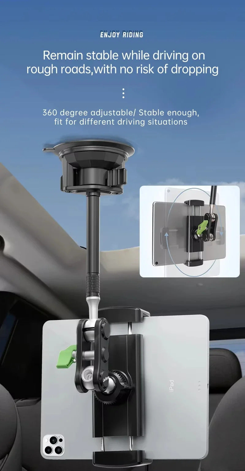 Aluminum Alloy Car Tablet Holder, 360° Rotatable Adjustable Stand with Strong Suction Cup Mount for 4-12.9" Tablets/Phones