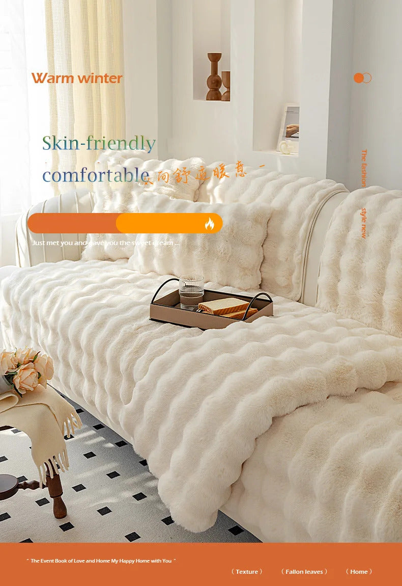 Rabbit Plush Sofa Cover Winter Thickening Warm Plush Cushions Non-Slip Living Room Leather Sofa Backrest Armrests Super Soft