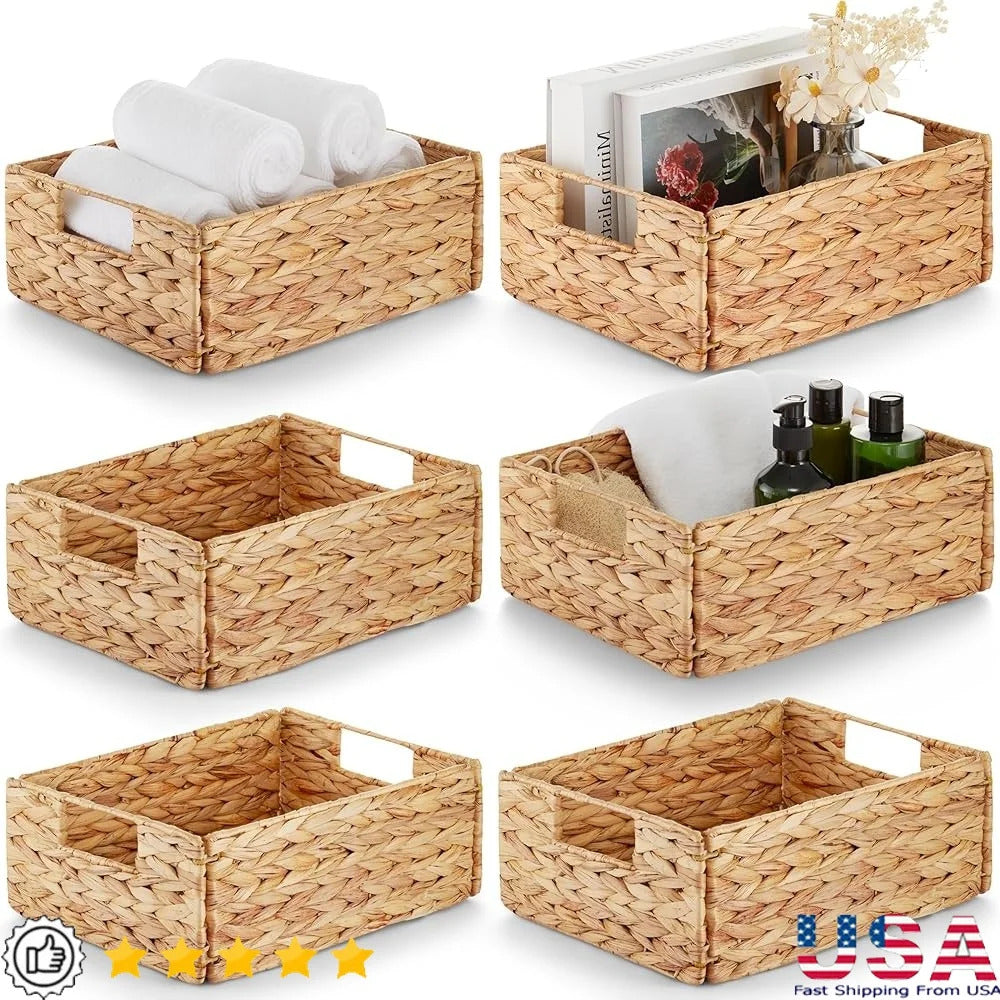 6 Piece Woven Water Hyacinth Storage Baskets Handcrafted Organizers with Handles Home Office Kitchen Living Room