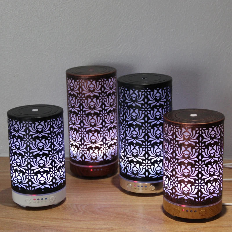 Aroma Diffuser Scent Ultrasonic Air Humidifier Iron Art Hollow Lotus Flower Pattern 2023 New Home Decorations with LED Lights