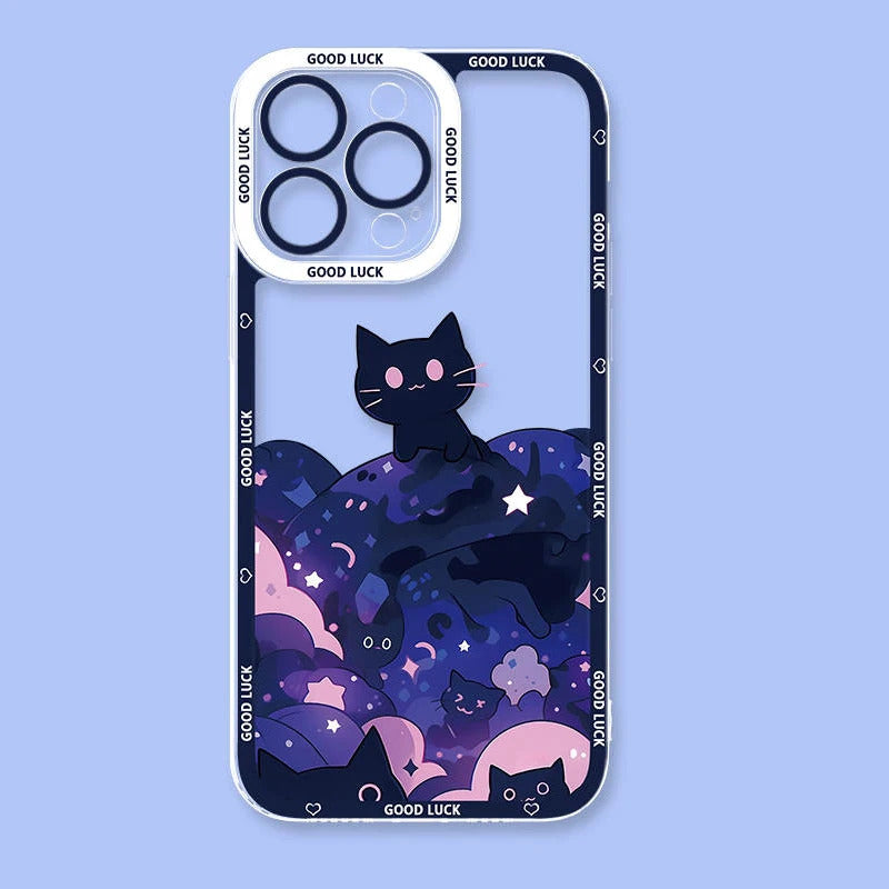 Cartoon Starry Sky Black Cat Clear Phone Case For Samsung Galaxy S24 S23 S22 Ultra S21 S20 FE Note 20 10 Plus A15 A25 A35 A55