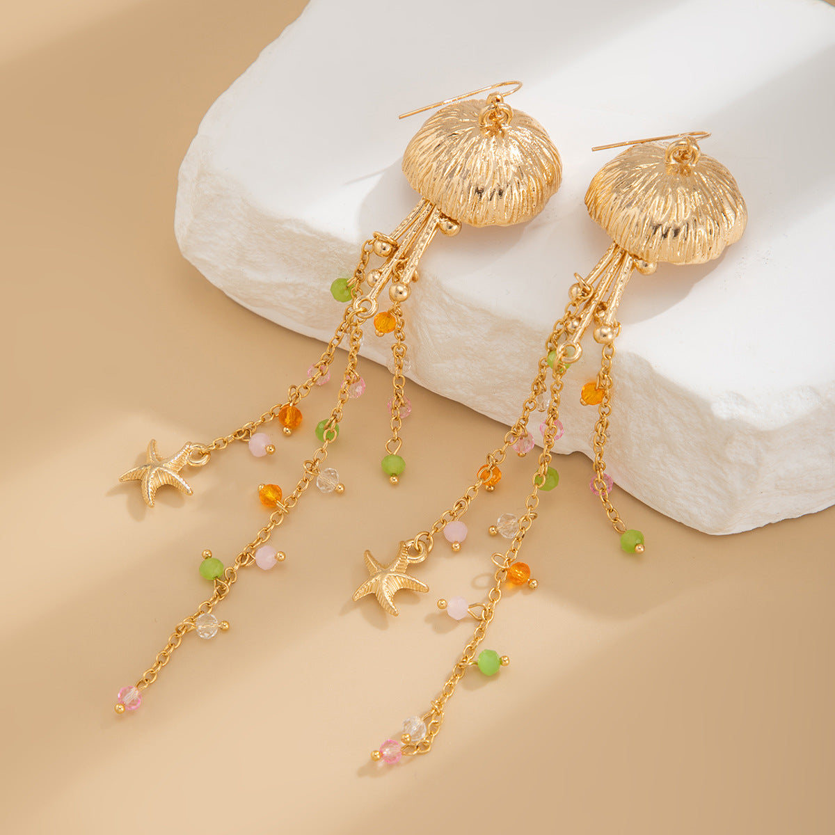 Vacation Beach Starfish Jellyfish Alloy Earrings Fashion High Sense Crystal Tassel Earrings