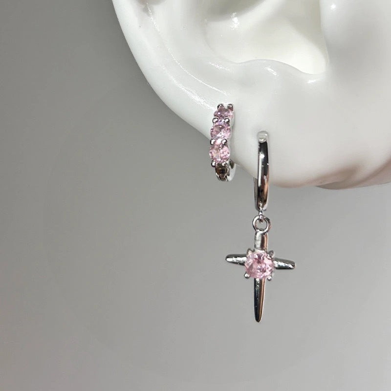 Sweet Cool Style Super Shiny Cross Earrings Cool Korean Sweet Temperament Double Ear Hole Ear Jewelry