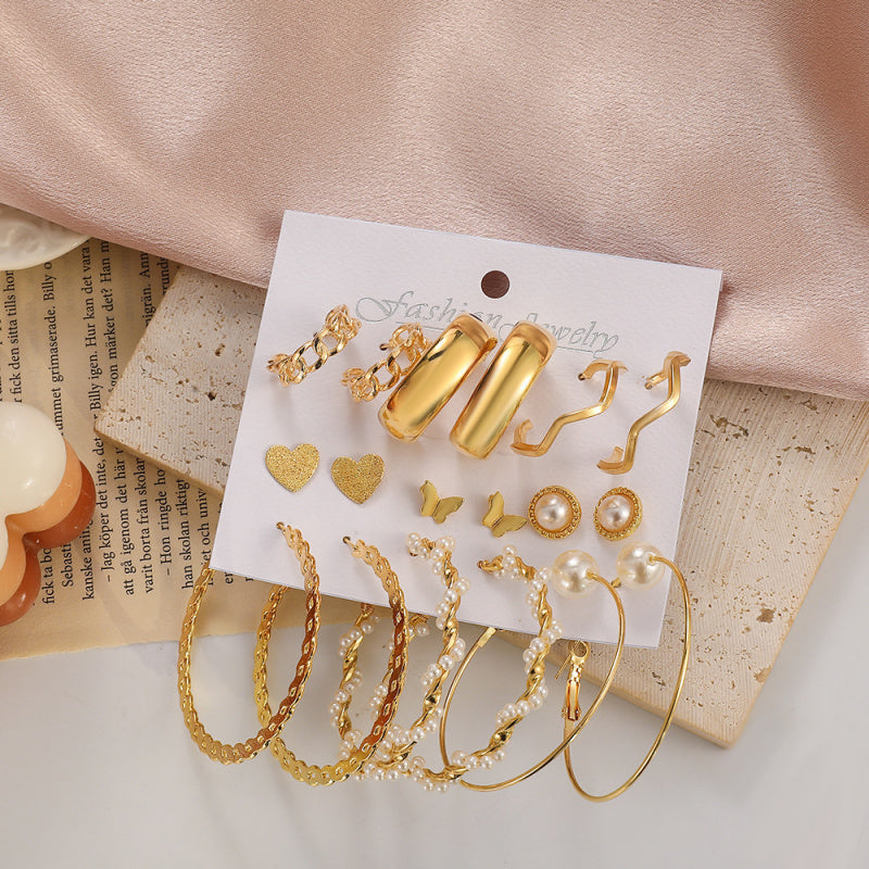 Exaggerated Faux Pearl Earrings 9-Piece Set Vintage Alloy Geometric Hoop Earrings Set Jewelry