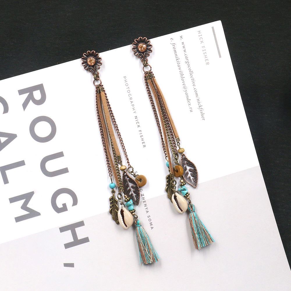 Earrings Bohemian Hair Long Tassel Shell Horn Sunflower Earrings