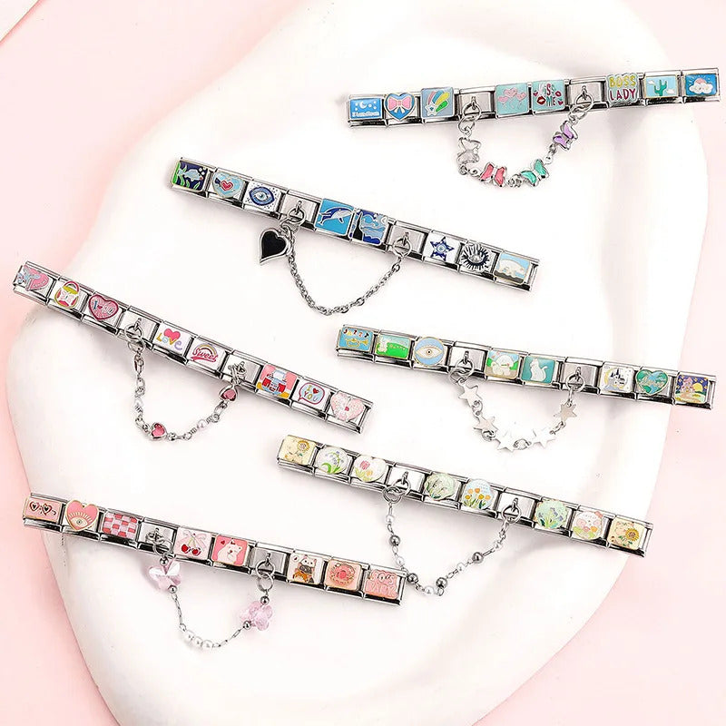 Fashion Pet Heart Flowers Sun Moon Zircon Gold Color Italian Charm Links Stainless Steel Fit 9mm Bracelet Jewelry DIY Making