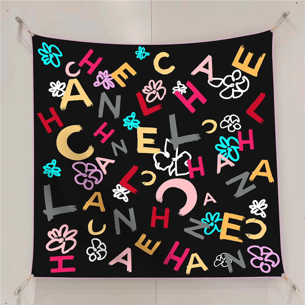 French Style New Black and White Letter Color Matching Women's Shawl Large Square Scarf Twill Silk Headscarf Scarf Wholesale