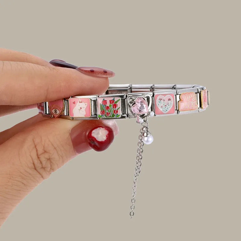 Fashion Pet Heart Flowers Sun Moon Zircon Gold Color Italian Charm Links Stainless Steel Fit 9mm Bracelet Jewelry DIY Making