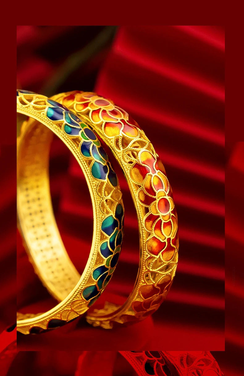 Chinese style wedding jewelry exquisite antique gold craftsred Lotus Flower bangles enamel retro charms bracelet for women