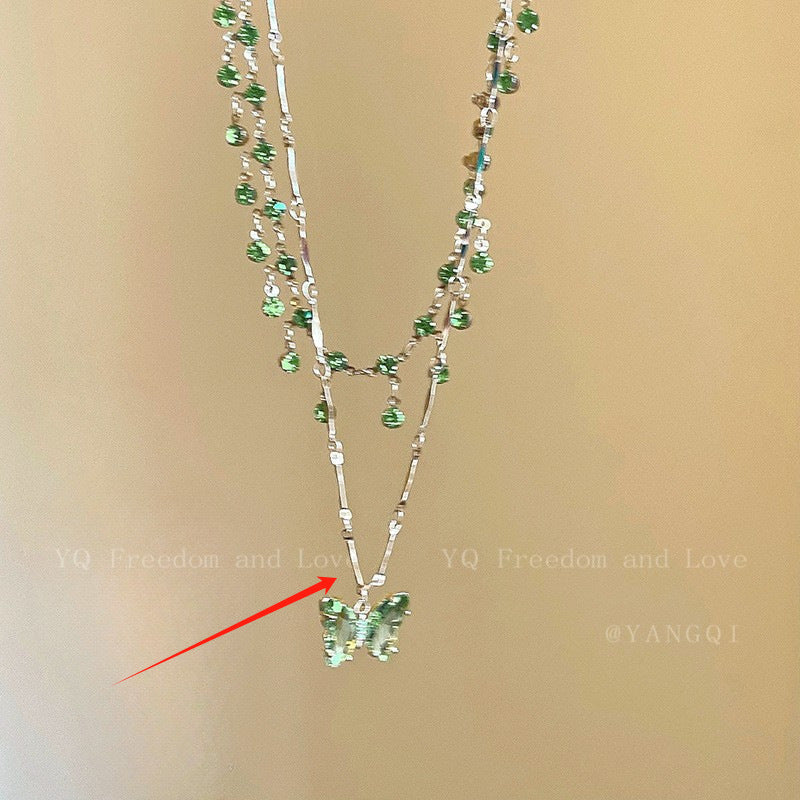 Blue Butterfly Double Tassel Necklace Summer Cool Necklace Accessories Female Niche Clavicle Chain