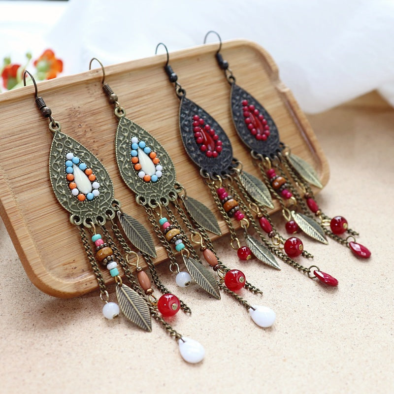 Retro Bohemian Long Tassel Earrings Women's Ethnic Style Water Drop Earrings All-match Elegant Holiday Earrings