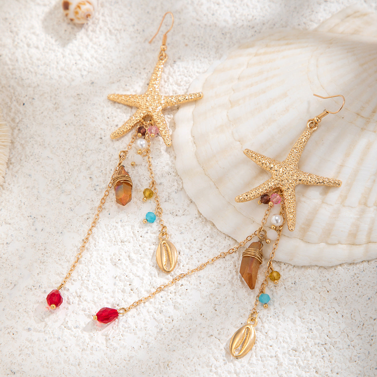 Vacation Beach Starfish Jellyfish Alloy Earrings Fashion High Sense Crystal Tassel Earrings