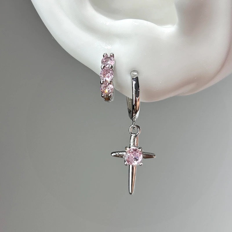 Sweet Cool Style Super Shiny Cross Earrings Cool Korean Sweet Temperament Double Ear Hole Ear Jewelry