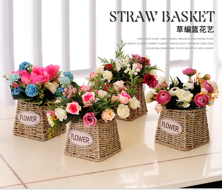 Handmade Straw Woven Flower Basket Woven Storage Living Room Decoration Ornaments Artificial Flower Arrangement Flower Basket