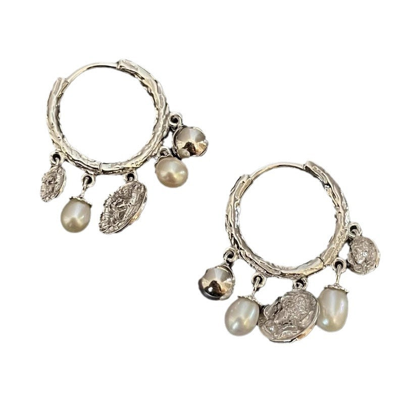 S925 Sterling Silver Pearl Tassel Earrings for Women Fashion Retro Vintage Gold Texture Palace Style Earrings