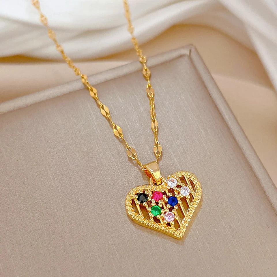 ZAKOL Classic Gold Color Stainless Steel Necklace For Women Shiny Zircon Geometric Heart Pendant Necklaces Jewelry Gift