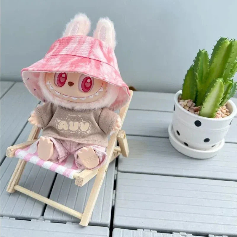 Hot Labubu Wooden Beach Chair Mini Doll Folding Chair Toy Phone Stand Desktop Cute Creative Decoration Photo Props Idol Gifts