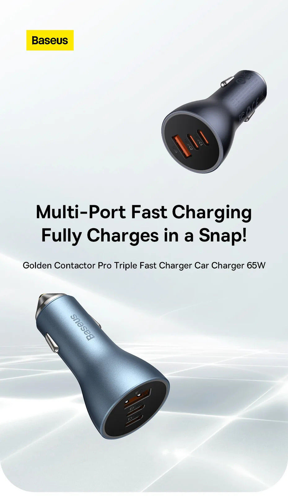 Baseus 65W Car Charger USB Type C Quick Charge 4.0 QC 3.0 PD Fast Charging For iPhone 13 Xiaomi Samsung Huawei USB C Car Charger