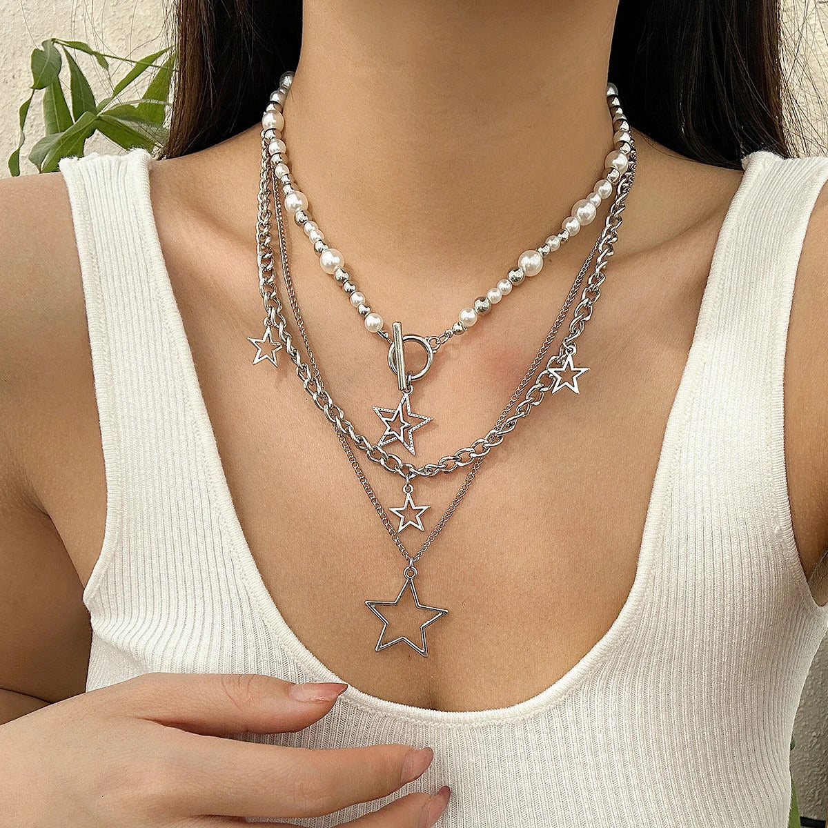 KunJoe Punk Silver Color Star Pendant Necklace for Women Men Imitation Pearl Multilayer Charm Choker Jewelry Collar Party Y2K