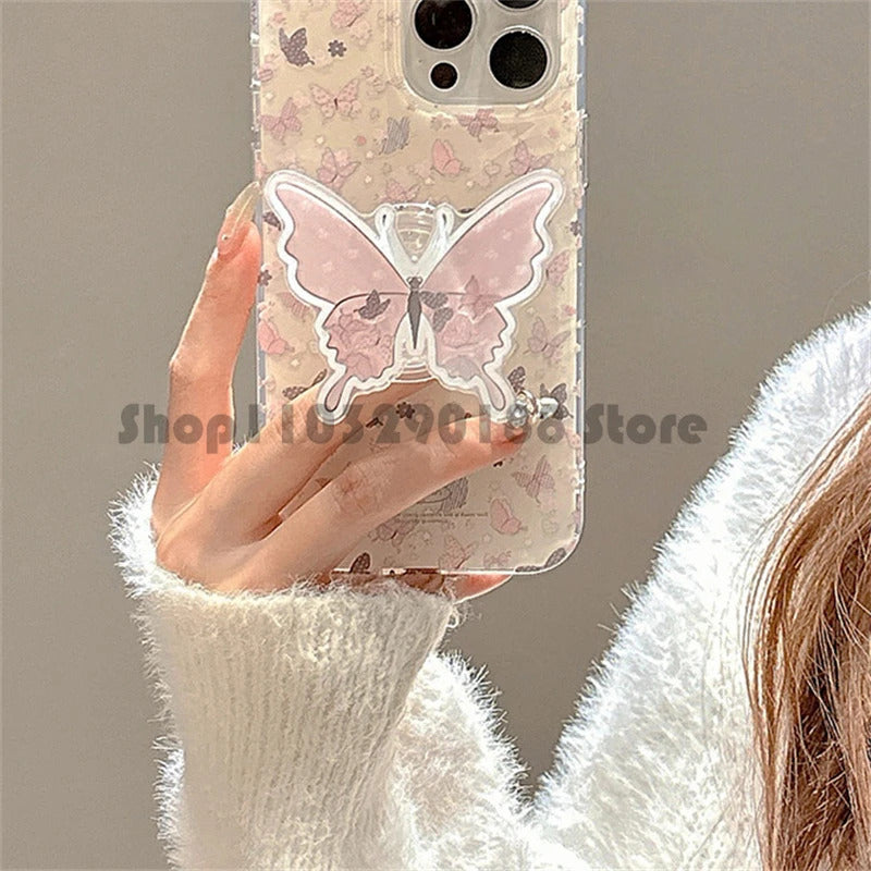 Korean Cute Cartoon Quicksand Butterfly Grip tok GripTok Bracket For iPhone 16 Universal Phone Holder Ring Support Phone Stand