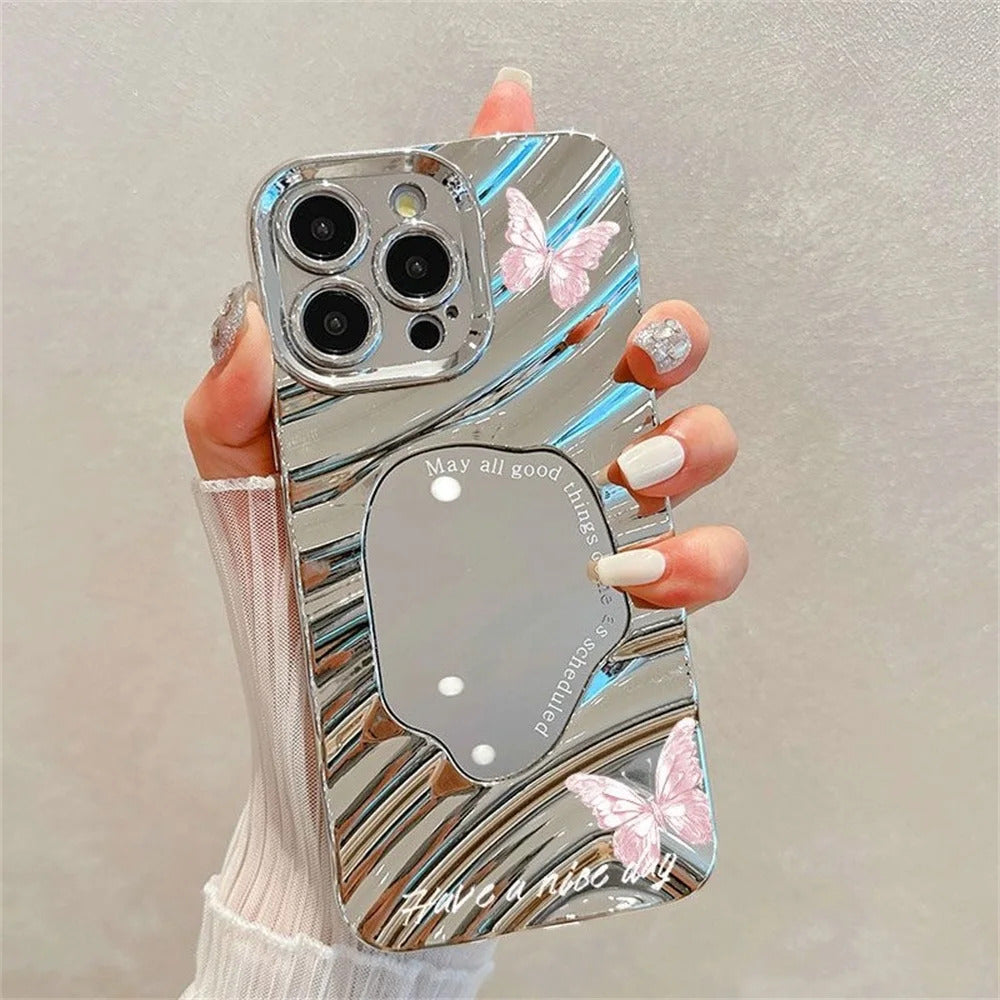 Pink Tulip Flower Phone Case For iPhone 11 Case iPhone 16 13 12 14 15 Pro Max Plating Make Up Mirror Wavy Soft Shockproof Cover