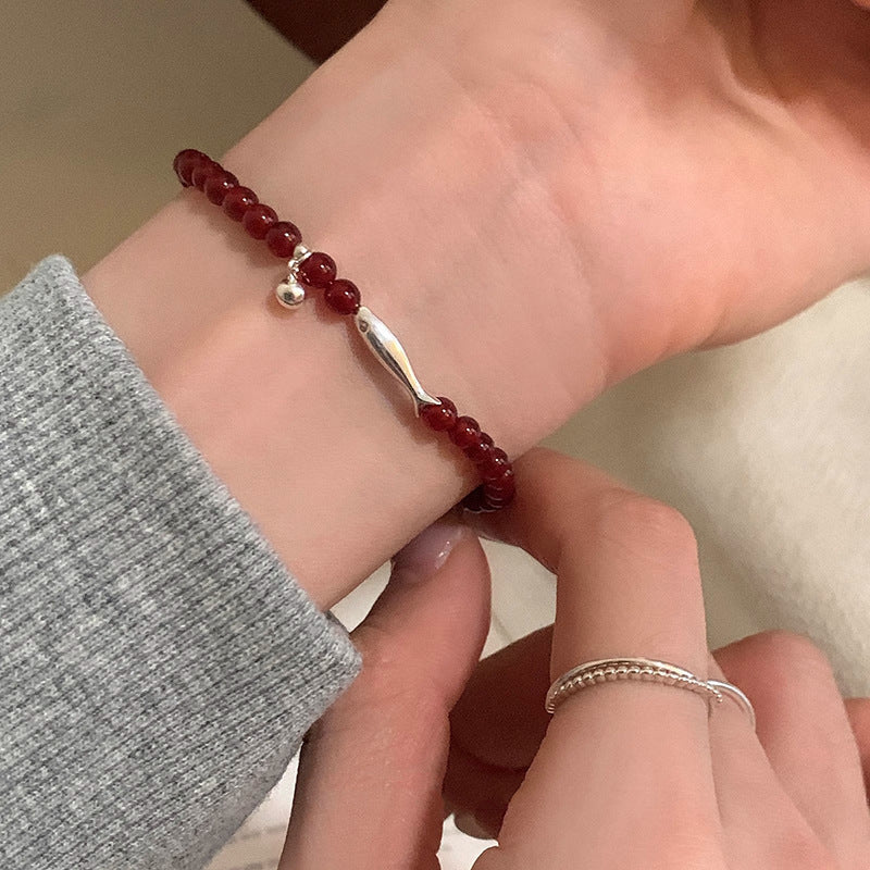 S925 Sterling Silver Fresh Style Red Agate Small Fish Bracelet for Women, Niche Design, Light Luxury, Versatile New Bracelet