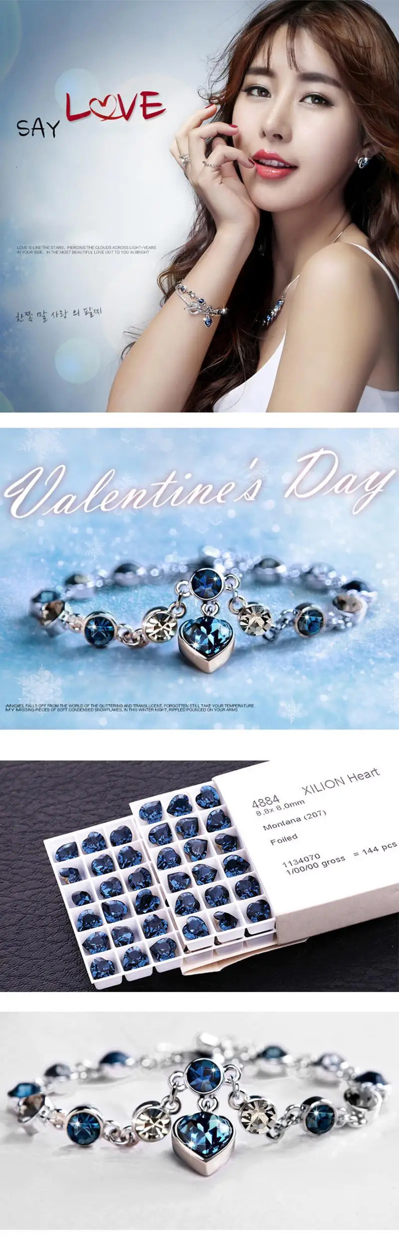 New Women Luxury Lucky Bracelet for Female Blue Crystal Heart Charm Bracelet Women Bridal Wedding Engagement Fine Jewelry Gift