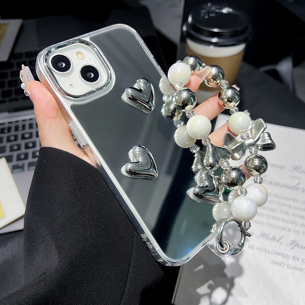 Love Heart Lanyard Mirror Phone Case For iPhone 13 11 16 15 Pro Max 12 14 Plus XR X XS Case Wrist Chain Makeup Mirror Soft Cover
