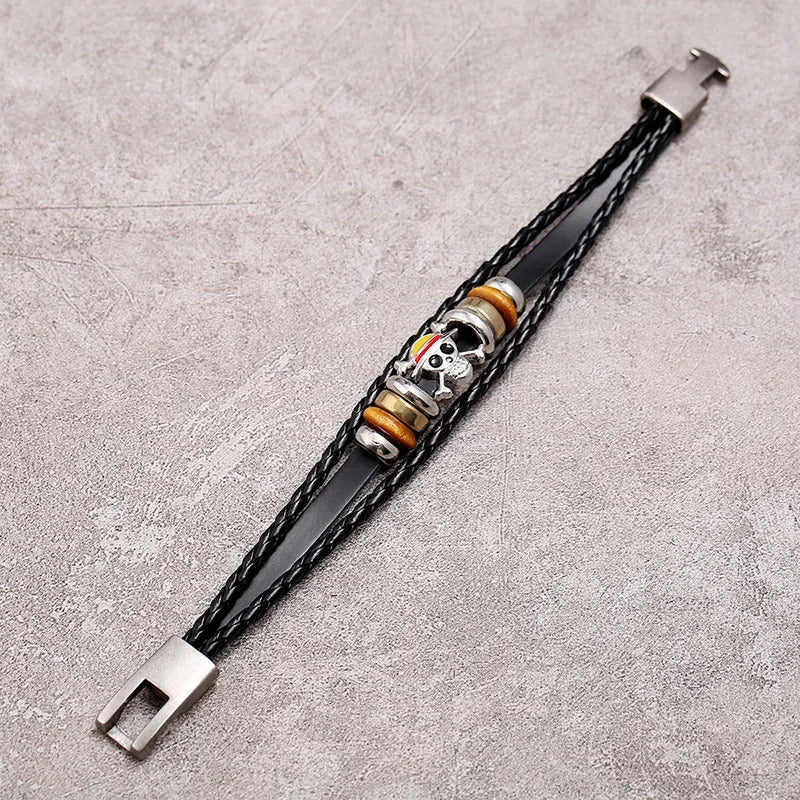 1Pc One Piece Luffy Pirate Bracelet Japan Cartoon Action Figure Toys Punk Black Leather Braided Punk Rock Bangles Bracelet Gifts