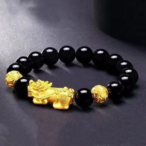 Brass Gold Plated Brave Bracelet Lucky Beads Agate Obsidian Sanskrit Bracelet Men's and Women's Bracelet