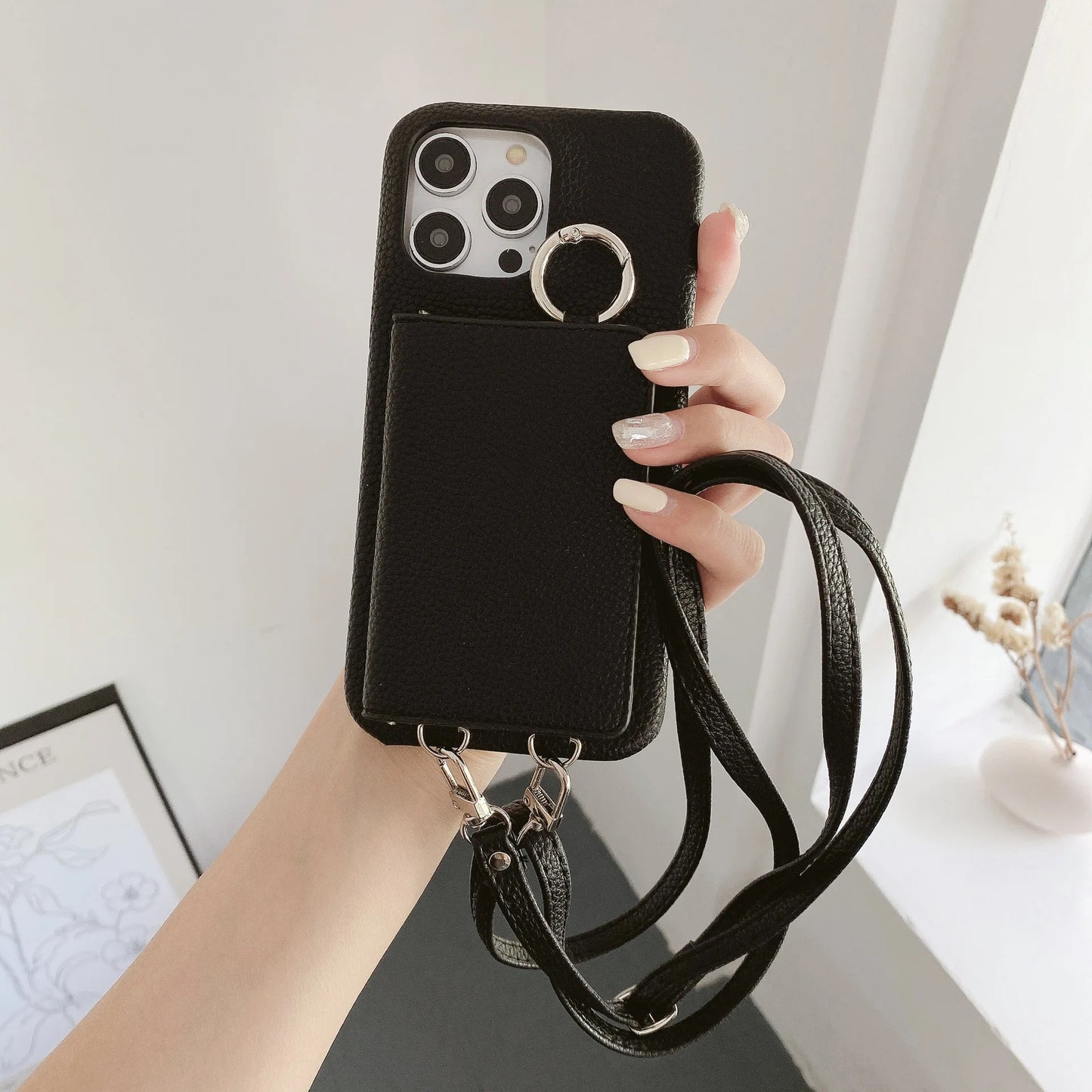 Ring Holder Mirror Card Slot Case For iPhone 13 12 Mini 16E 16 15 14 11 Pro XS Max 8 Plus Crossbody Wallet Lanyard Leather Cover