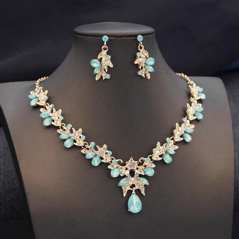 Elegant Butterfly Opal Green Bridal Jewelry Sets for Women Earring Necklace Set Wedding Dress Jewelry Sets 3 Pcs Gifts