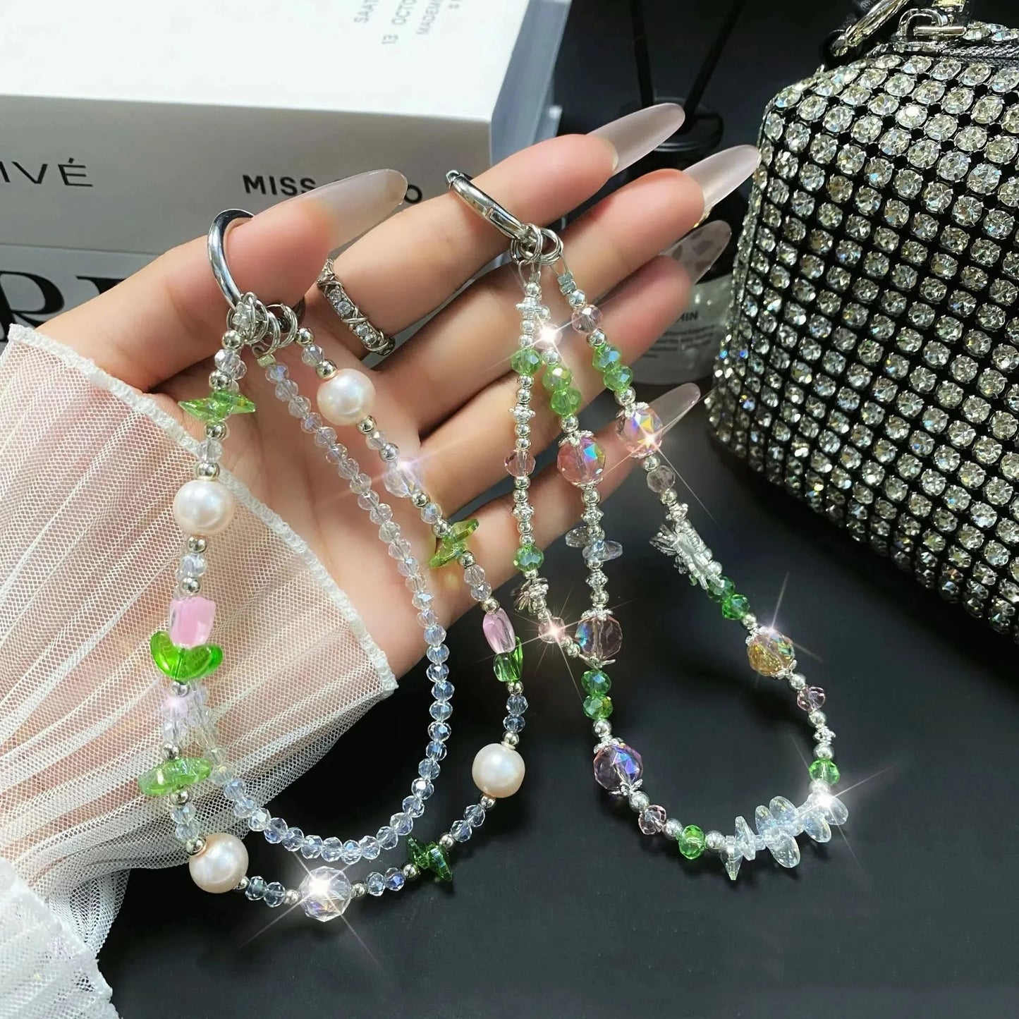 For 16 Mobile Phone Chain Dazzle Tulip Butterfly Double Chain Crystal 15 Mobile Phone Case Chain Lanyard Gradient Niche Fashion